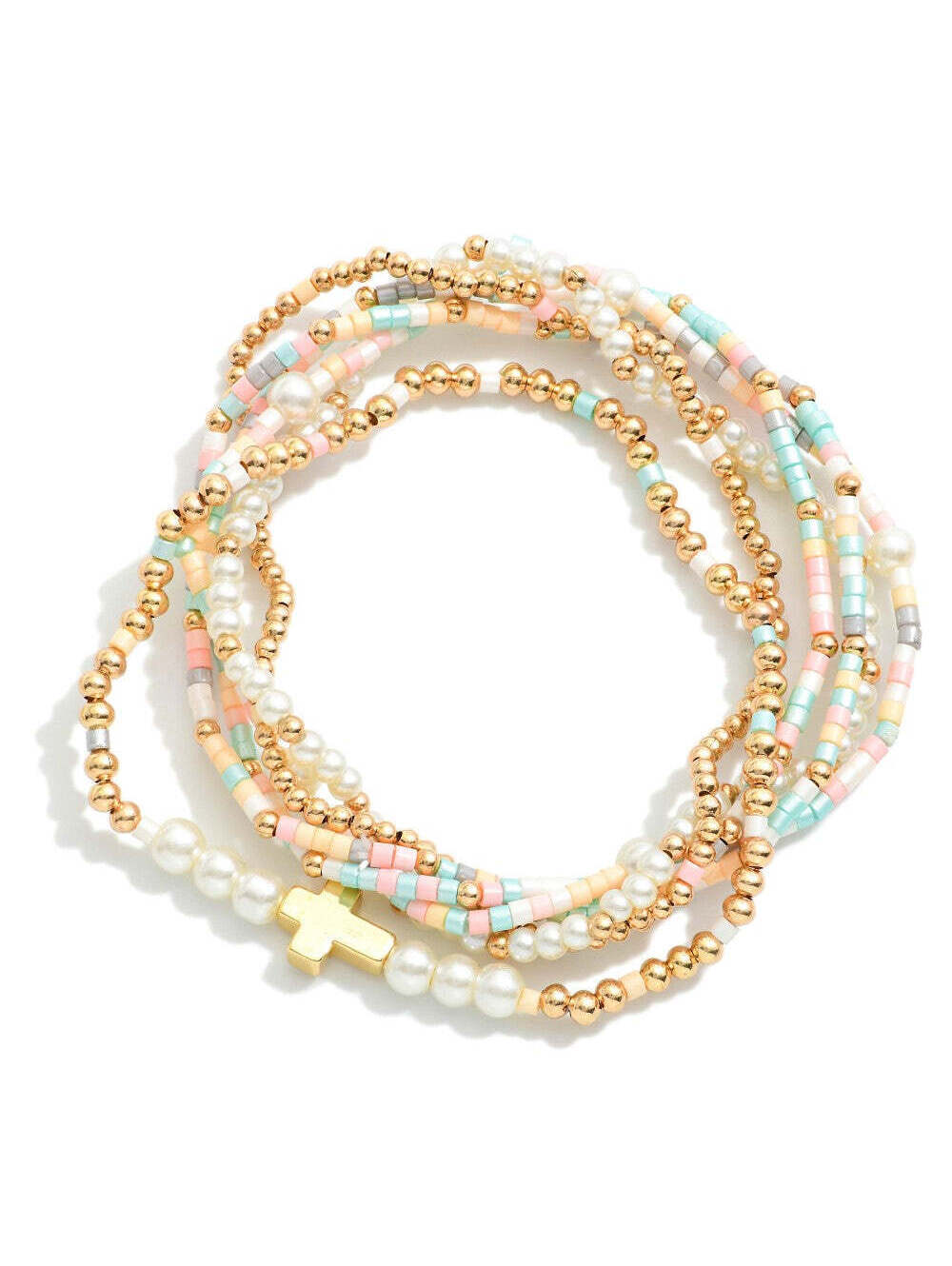 Gold Cross Charm Beaded Stretch Bracelet Stack Set of 6